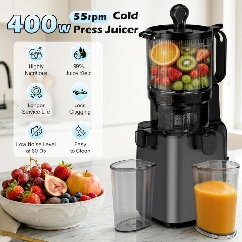 Juicer Machines with 5.8 Large Chute, 2-in-1 Cold Press Juicer for Whole Vegetables Fruits 400W, Masticating juicer Easy to Clean Juice Extractor Machine for Making Nut Mike, Juice, Premium Gray