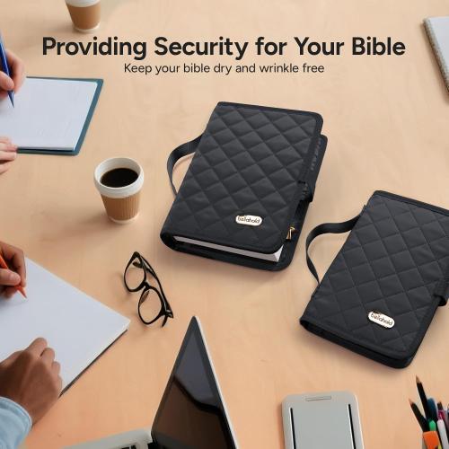 Adjustable Bible Cover with 75 Bible Tabs - Bible Cover Case for Women，Waterproof, Washable Quilted Bible Case，Reusable Christian Gifts for Women (Black, TS)