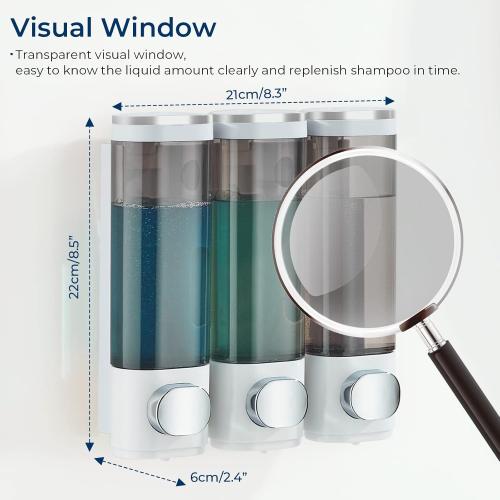 Shampoo and Conditioner Dispenser, Pollock Shower Soap Dispenser 3 Chamber No Drill, Wall Mounted Shampoo Body Wash Conditioner for Bathroom Large Capacity,White