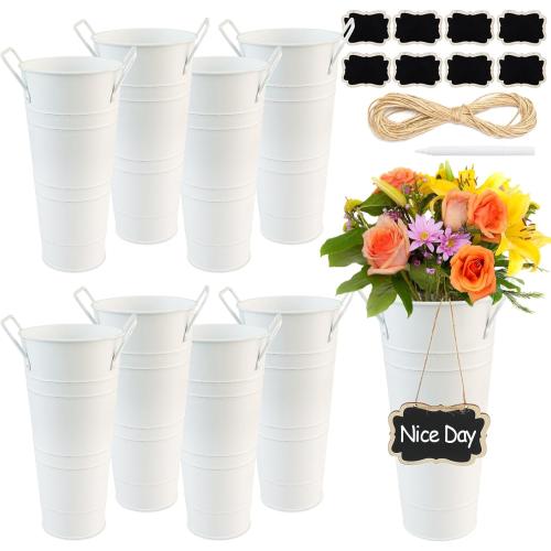 8 Pcs Galvanized Flower Bucket,Metal Vases for Flowers 10 Inch High,Flower Buckets for Flower Bar,Flower Bar Buckets Set Including Metal Flower Buckets,Liquid Chalk,Wooden Chalkboard,Hemp Rope