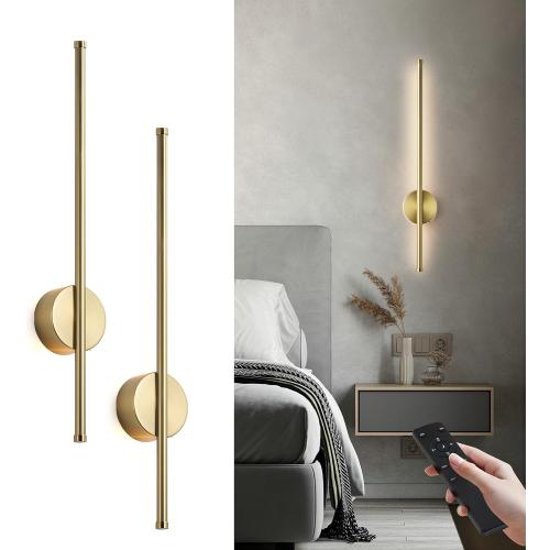 Size 23.6 Color brass Battery Operated Modern Wall Sconces, Dimmable Wireless Wall Light Set of Two with Remote Control, 3 Color Temperatures, Rechargeable LED Wall Sconce for Bedroom, Living Room, Hallway, 23.6 Inch Brass