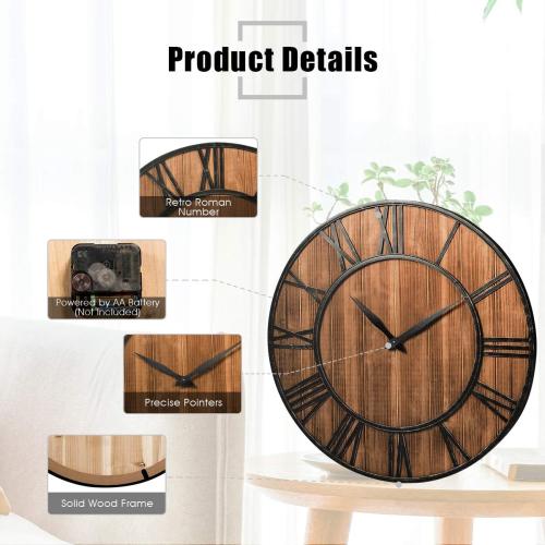 Tangkula 25.6  Inch Round Wall Clock, Farmhouse Large Wall Clock with Roman Numerals, Come with AA Battery, Wooden Rustic Clock Hanging for Home Office (Bronze Brown)