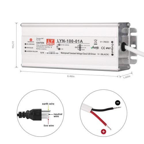 LED Driver 100 Watts 110V AC to 12V DC Low Voltage Output, IP67 Waterproof Power Low Voltage Transformer Adapter with 3 pin Plug LED Cable for LED Light bar, Indoor and Outdoor Light String