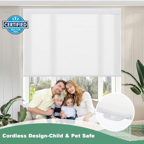 No Drill Cellular Shades for Indoor Windows, Thermal Insulating & Noise Reducing Honeycomb Blinds, Cordless Free Stop Blinds Light Filtering, White, 38 1/2 W x 64 H
