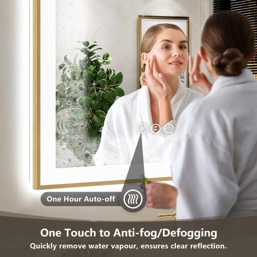 48x32 Inch LED Bathroom Mirror with Lights (Front Lit and Backlit) Gold Framed Lighted Vanity Mirror for Bathroom Wall Dimmable Anti-Fog Memory Tempered Glass Horizontal/Vertical