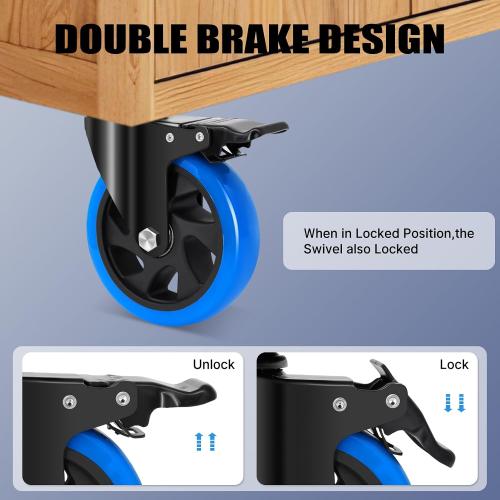5 Inch Casters Wheel Set of 4, 2200 Lbs Heavy Duty Casters, Safety Locking Industrial Casters with Brake, No Noise Plate Wheels for Cart, Workbench, Furniture (Free Hardware Kits)