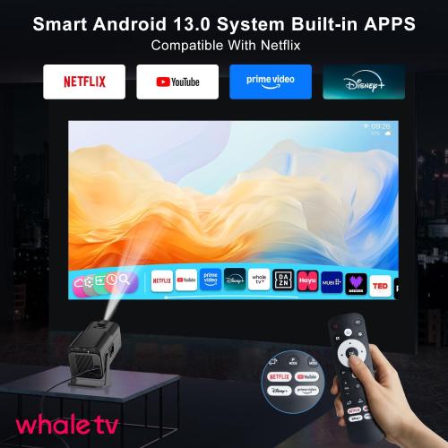 Mini Projector WiFi Bluetooth 5.4,Ultra HD Native 1080, Compatible with Netflix, 4K | Built-in Authentic Apps, Auto Keystone, 180° Adjustable Stand, Portable Proyector for Home/Outdoor Movie/Gaming