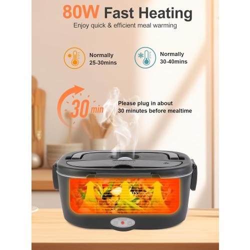 Electric-Lunch-Box-Heated-Food Warmer, 80W Heating Lunchbox for Adults, 2 Pack 1.5L Stainless Steel Containers, 12/24/110V Lonchera Eléctrica Portátil for Work/Car