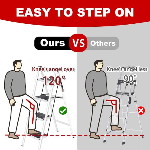 3 Step Ladder with Anti-Slip and Wide Pedal 330lbs Capacity Folding Step Ladder for Household Kitchen Office(White-P, 3 Step Ladder)