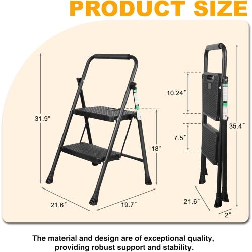 Step Ladder, Portable Steel Folding Step Stool with Wide Anti-Slip Pedal & Convenient Handgrip, Sturdy Steel Ladder, 2-Step, Black