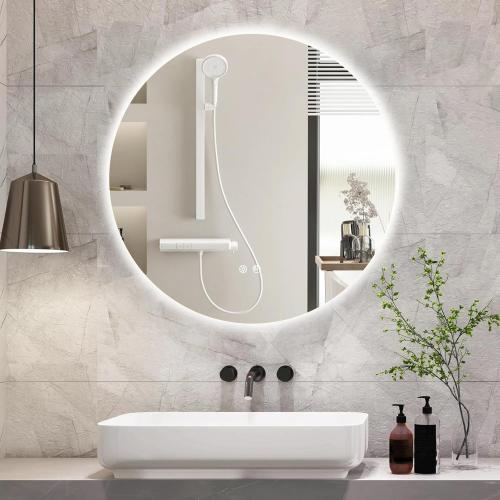 32 Inch Round LED Bathroom Mirror Backlit Anti-Fog Wall Mounted Lighted Bathroom Vanity Mirror 3 Colors Light Dimmable Smart Makeup Mirror with Touch Switch