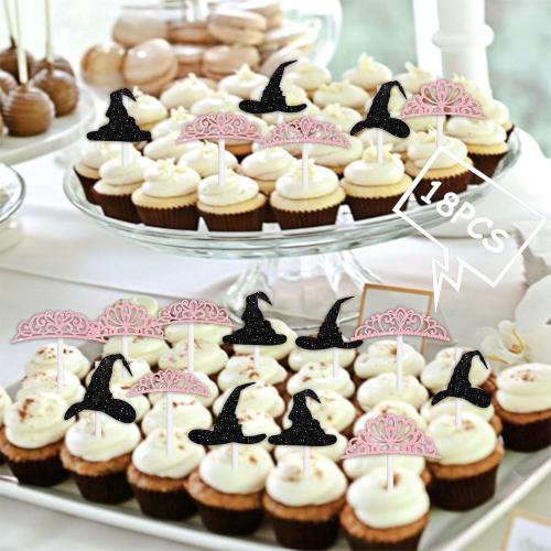 18pcs Black Pink Glitter Witch Hat Crown Dessert Cupcake Topper Pick for Princess Witch Party Theme Decor Supplies Men Women Boys Girls Happy Birthday Party Decoration
