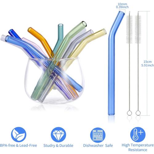 10 Pcs Reusable Bent Short Glass Straws,6''x10 mm Colorful Cocktail Glass Straws Shatter Resistant with 2 Cleaner Brush for Whiskey,Coffee,Juice,Soda Drinks,Teas
