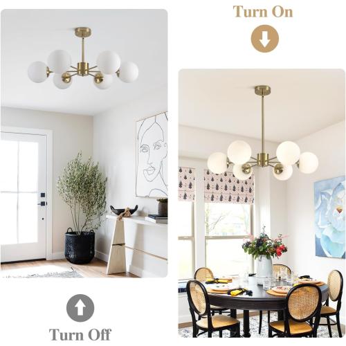 KCO 6-Light White Milk Glass Chandelier Brass Gold Sputnik Ceiling Light | E26 Bulb Included, Adjustable Height for Sloped Ceiling, Mid Century Modern Pendant Light for Dining Room Kitchen Living Room