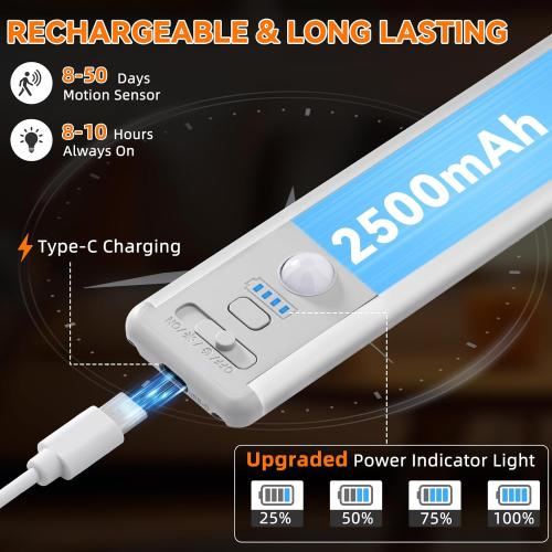 Under Cabinet Lighting Wireless, 15inch Rechargeable Motion Sensor Light Indoor, 3 Color Closet Light Battery Operated with LED Power Display, Magnetic Under Counter Lights for Kitchen, Home (3Pack)