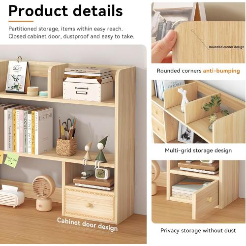 Desk Hutch, Wood Desktop Shelf Organizer with Cubby & Drawer for College Dorm Room, Office Desk Top Bookshelf for Storage