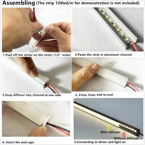 THMOOTHER LED Strip U Channel Diffuser 6-Pack 1FT,17X7.5MM Surface Mounted Aluminum Track with UV Resistance Milky Cover Cabinet Flush Installed Low Profile with Double Sided Tape