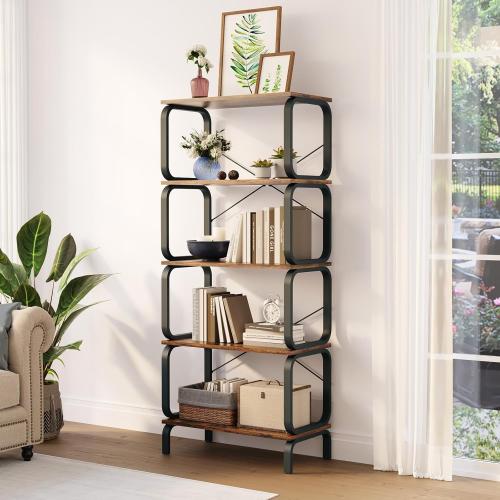 Book Shelf, Industrial 5 Tier Bookshelf, Tall Bookcase with 165lbs/Shelf Capacity, Open Wood Metal Bookshelves, Vintage Book Shelves for Bedroom, Living Room, Home Office, Garage - Rustic Brown