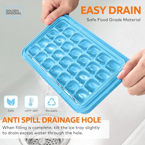 Longzon Ice Cube Tray with Lid and Bin, 56 Pcs Ice Cube Trays for Freezer, Ice Cube Mold, Ice Molds Spill-Resistant Removable Lid & Ice Scoop, Ice Mold for Whiskey Cocktail, Tea, Coffee -Blue