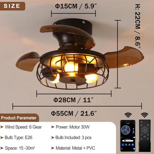 21.6'' Retractable Ceiling Fans with Lights Caged Farmhouse Ceiling Fan Lights with Remote Control and APP, Rustic Industrial Ceiling lamp Black Fixture for Living Room Bedroom Kitchen, A
