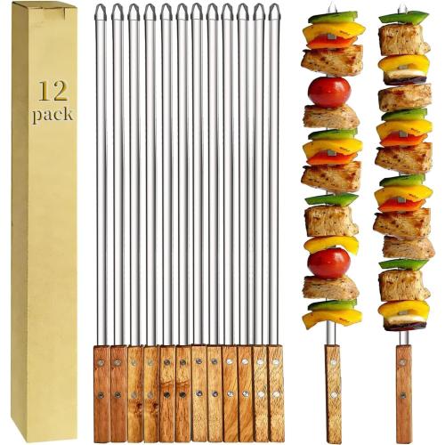 12 Pack Kebab Skewers BBQ Barbecue Skewers Stainless Steel Sticks 23.5 Inch Heavy Duty Large Wide Reusable with Nonslip Wooden Handle Ideal for Shish Kabob Chicken Shrimp and Vegetables