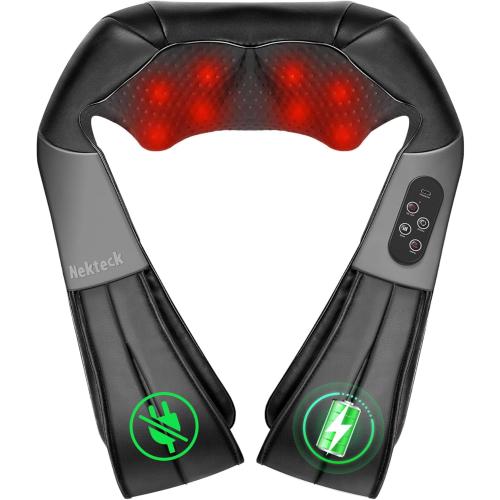 Nekteck Cordless Shiatsu Neck and Back Massager with Soothing Heat, Rechargeable Electric Deep Tissue 3D Kneading Massage Pillow for Shoulder Leg Body Muscle Pain Relief, 3 Speed Intensities