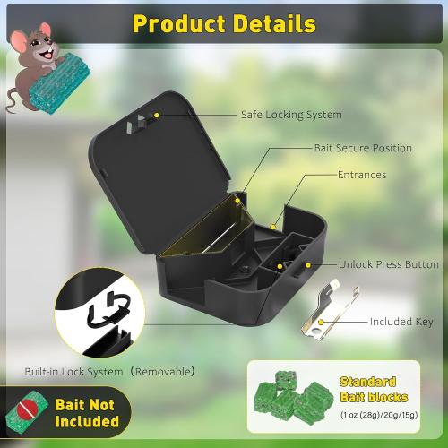 Mouse Stations with Keys 6 Pack, Keyless Design and Key Required Mouse Stations, Mice Stations, Keeps Children and Pets Safe Indoor & Outdoor, Black