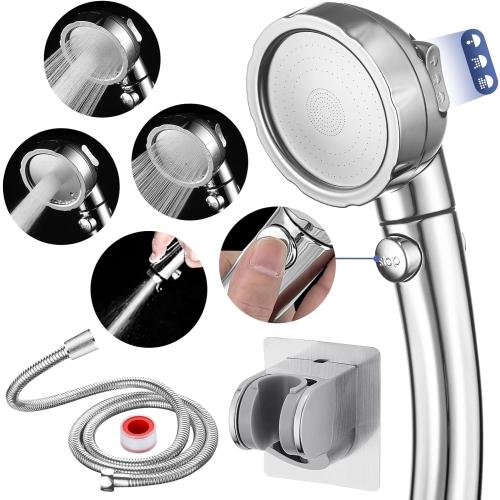 HANLIAN High Pressure Shower Head with Pause Button, 3 Spray Modes Shower Head for RV Camper, Water Saving On Off Shower, Handheld Shower Head with Hose and Adjustable Self-adhesive Holder (Chrome)