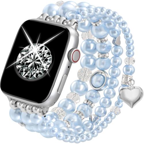V-MORO Compatible with Apple Watch Band Pearl Series 11/10/9/8/7 45mm/46mm/44mm/42mm Fashion Beaded Elastic Bracelet Bling Jewelry Strap for iwatch SE Series 6/5/4/3/2/1 Blue,for 5.5-6.2 Wrist