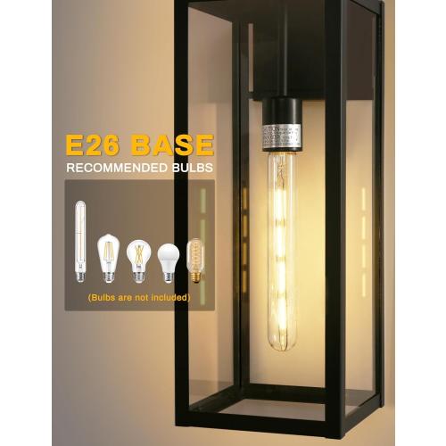 DORESshop 20 Inch Large Size Dusk to Dawn Outdoor Wall Lights, Matte Black Waterproof Anti-Rust Outdoor Light Fixtures Wall Mount with Clear Glass Shade for Porch, with T30 Light Bulbs, 2 Pack