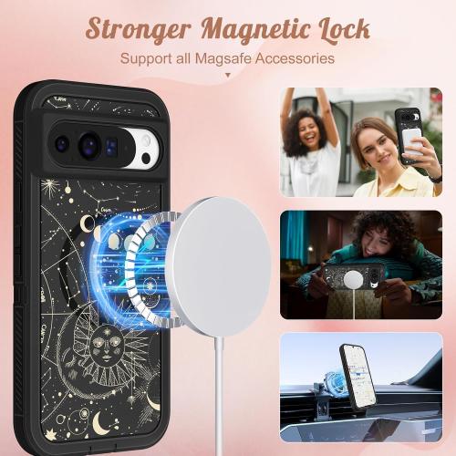 for Google Pixel 9 Case/Pixel 9 Pro Case - Compatible with MagSafe Women Girls Cute Magnetic Protective Cover Girly Sun Moon Unique Design Heavy Duty Shockproof for Pixel 9/9 Pro Phone Case