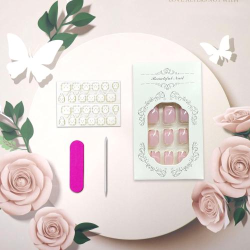 Nude Pink Press on Nails Short Square Fake Nails with French Tip Acrylic Glue on Nail Glossy Full Cover Artificial Stick on Nail for Women DIY Manicure