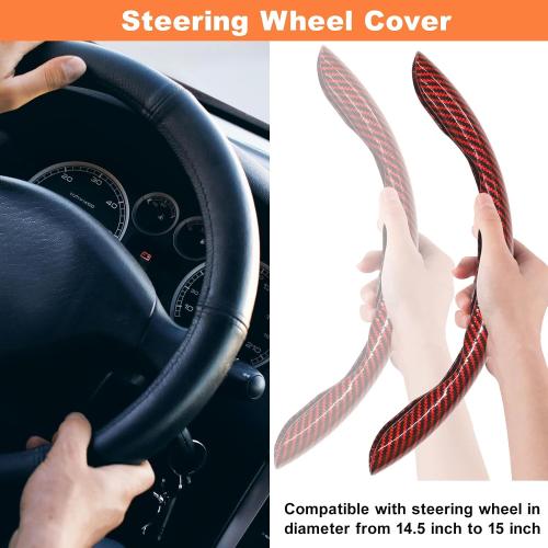 3pcs Carbon Fiber Steering Wheel Cover - Snap on 15 Inch Anti-Slip Car Steering Wheel Protector, Universal Car Interior Accessories (Red)