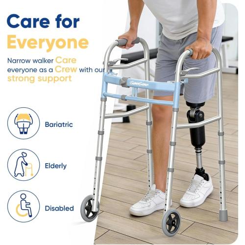 Narrow Walker for Seniors, 18 inches Wide - Adjustable Width, Lightweight Folding Walker, 350lbs Heavy Duty Bariatric Walker for Elderly, Standard Walker for Small Doorways