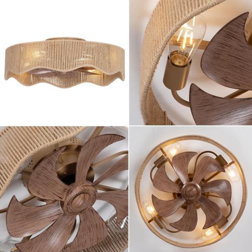 SHLUCE 22 Boho Flush Mount Caged Ceiling Fans with Lights, Rustic Rattan Low Profile Ceiling Fans with Lights and Remote, Bladeless Fandelier Ceiling Fan with Light for Kitchen, Bedroom - ETL