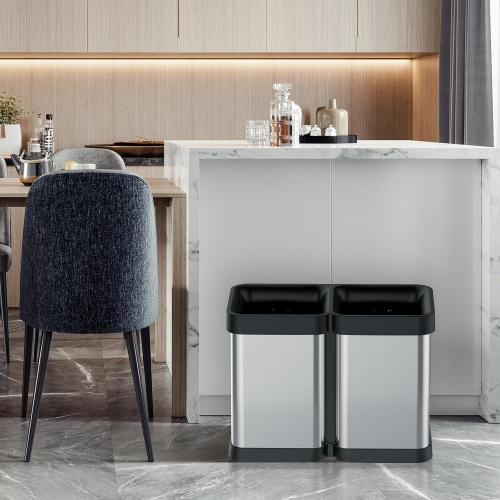 GAOMON 2x5.3 Gallon Kitchen Trash Can, Dual Compartment Waste Bins, Open Top, No Lid Stainless Steel Trash Bin for Kitchen, Office, Restaurant