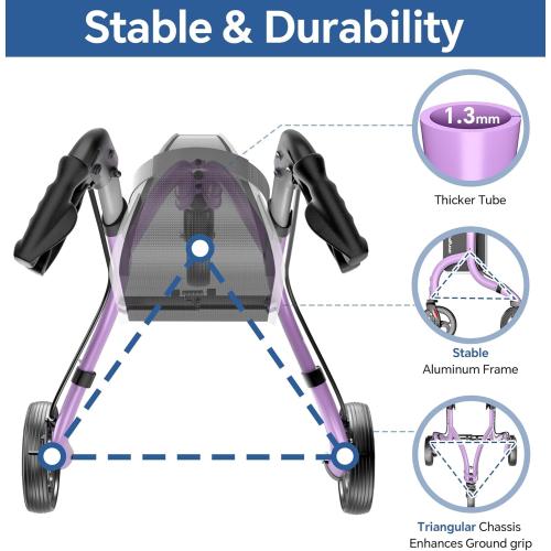 soundfuse Lightweight 3 Wheel Walkers for Seniors, Foldable Aluminum Frame | Weighs only 10.2lbs, Height Adjustable, Removable Storage Bag, Three Wheel Rollator Walker for Indoor and Outdoor Use