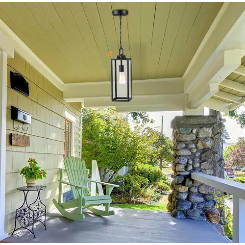 17 Inch Outdoor Pendant Light Dusk to Dawn, Sensor Hanging Light for Porch Entrance Lantern, Metal and Glass Photocell Exterior Hanging Lantern for Front Door Patio Pendant,E26