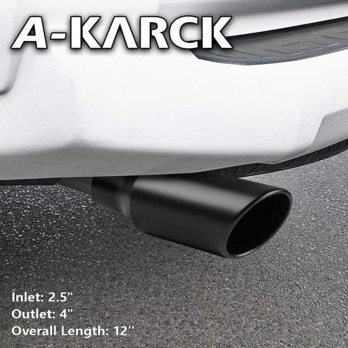 A-KARCK Exhaust Tip 2.5 Inch Inlet, 2.5 Inlet 4 Outlet 12 Long Black Coated Finish Muffler Tip For Truck Tailpipe, Stainless Steel Rolled Edge