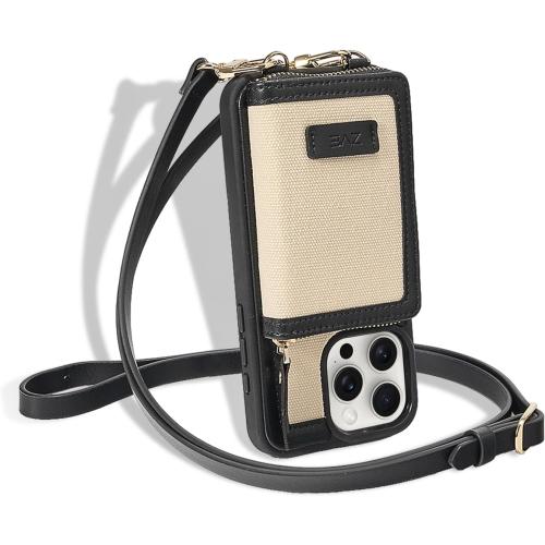 Size iPhone 15 Pro Color Black and Beige ZVE Crossbody Wallet Case for iPhone 15 Pro Detachable Wrist Strap Zipper Leather Protected Case Card Holder, Compatible with iPhone 15 Pro 6.1-inch Purse Cover (Black with Beige)