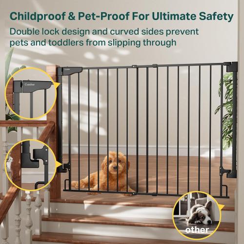 Cumbor 34 Extra Tall No Bottom Bar Baby Gate for Stairs, Hardware Mounted Dog Gate Indoor for Larger Pets, Expandable 31.6-48 Safety Gate for Doorways, Wide Walk Thru Door for Easy Access (Black)