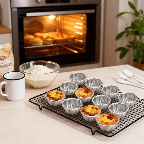 12 Pack Egg Tart Molds, Aluminum Alloy Pudding Jelly Molds, Reusable Cake Tartlets, Cupcake and Muffin Cups for Baking, Flower Shape, Non-sticky