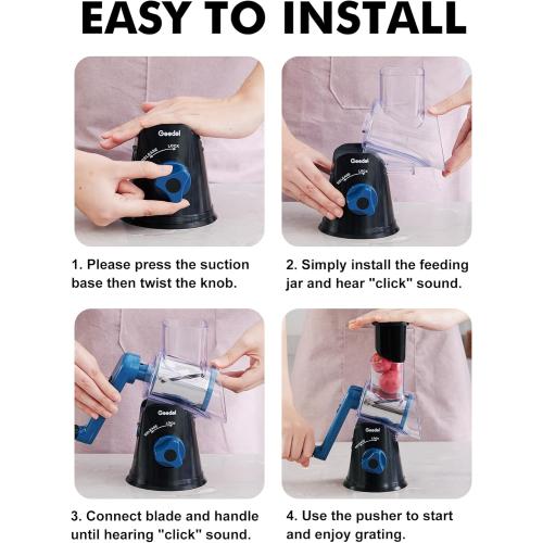 Geedel Rotary Cheese Grater, Kitchen Mandoline Vegetable Slicer with 3 Interchangeable Blades, Easy to Clean Rotary Grater Slicer for Fruit, Vegetables, Nuts