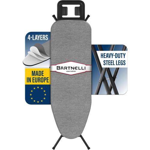 Bartnelli Ironing Board Made in Europe | Iron Board with 4 Layered Cover & Pad, Height Adjustable up to 36 Features A Safety Iron Rest, 4 Steel Legs, for Home Laundry Room or Dorm Use (43x14)