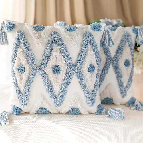 Set of 2 18x18 Inch Blue Cotton Woven Boho Throw Pillow Covers, Tufted Decorative Square Pillowcases Covers with Tassels for Couch Sofa Bed, Living Room Sofa, Farmhouse, 18x18 Inch Blue(2 pcs)