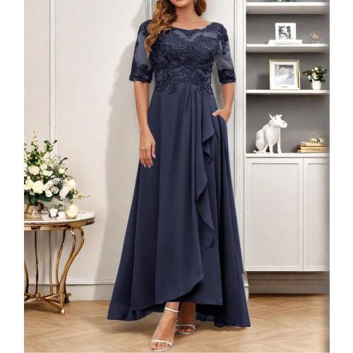 Size L Women's Half Sleeves Mother of The Bride Dresses for Wedding Lace Appliques Ruffled Chiffon Formal Evening Gowns