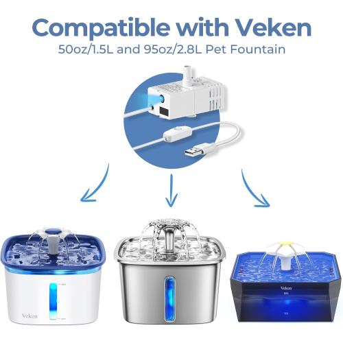 Veken Upgraded Replacement Pump for 50oz and 95oz Pet Fountain Cat Water Fountain Dog Water Dispenser Ultra Quiet Long Lifespan Water Pump, USB Cable, LED Lights