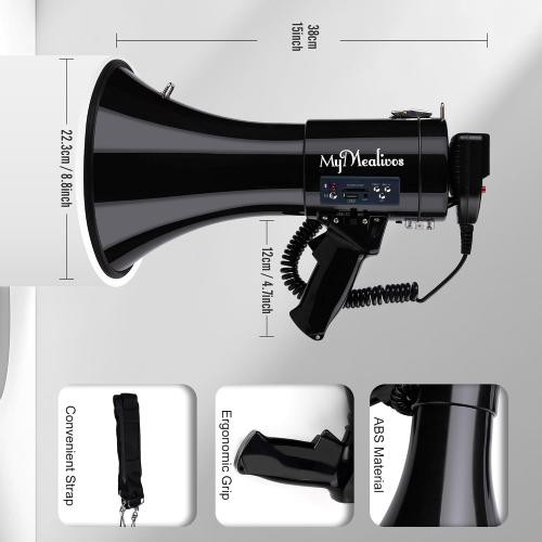 Black MyMealivos 50W Bluetooth Megaphone with Rechargeable Battery-Professional Bullhorn with Siren&240s Recording Supports USB/SD/3.5mm Aux-1600ft Range for Sports Police Emergency Outdoor Activities