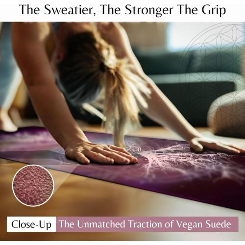 Vegan Suede Yoga Mat – Tree of Life/Root Chakra Design, Extra Thick 1/4” (6mm), Sweat-Grip Surface – Perfect for Yoga, Hot Yoga, Pilates & Sweaty Workouts - Free Strap Included
