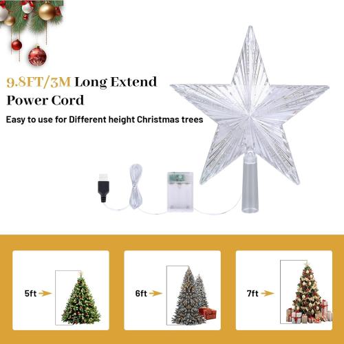 Christmas Tree Topper Star Warm White Light,Star Tree Topper for Christmas Tree Decoration Xmas Tree Topper with 30 LED Lights Battery and USB Powered 8.7 Inch